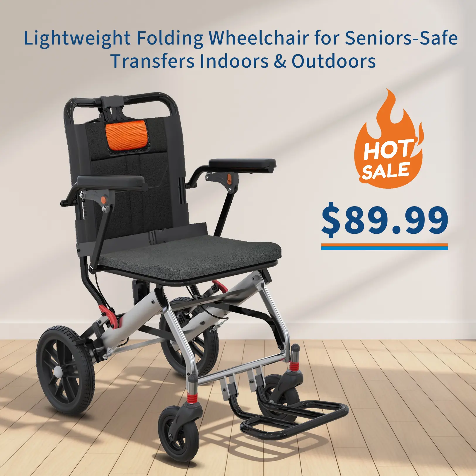 Silla de ruedas plegable y ligera para personas mayores, con estructura de aluminio aeronáutico, reposabrazos abatibles, frenos seguros y asiento espacioso; ideal para traslados seguros tanto en interiores como en exteriores. Color: Gris y Naranja.