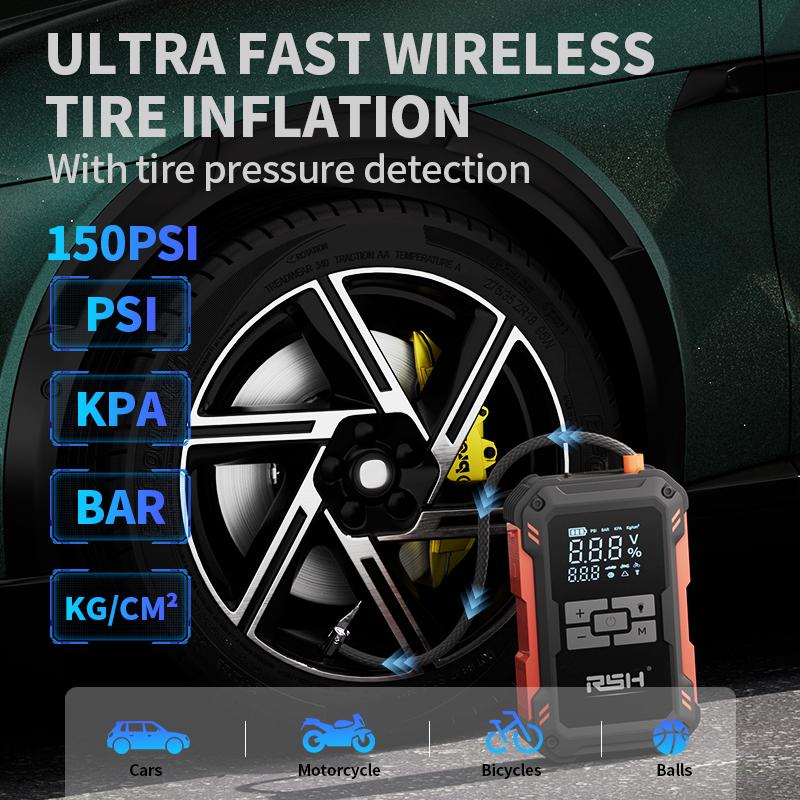 Arrancador de batería ultra seguro de 15000 mAh: arranca todos los vehículos con batería de 12 V. Cuenta con compresor de aire de 150 PSI, carga rápida de 18 W, comprobador de presión de neumáticos y luz LED. Incluye cables de arranque, manguera de aire,