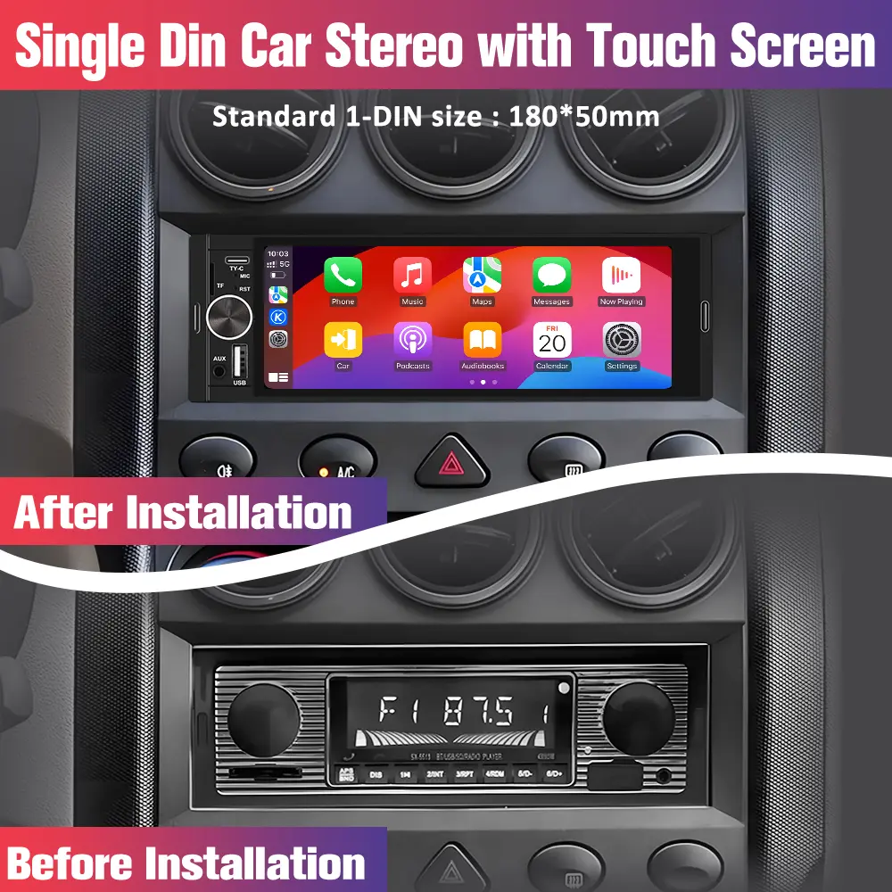 El sistema de audio para automóvil Junsun de un solo DIN es compatible con CarPlay y Android Auto, e incluye cámara de marcha atrás, radio FM e interfaz Tipo-C.
