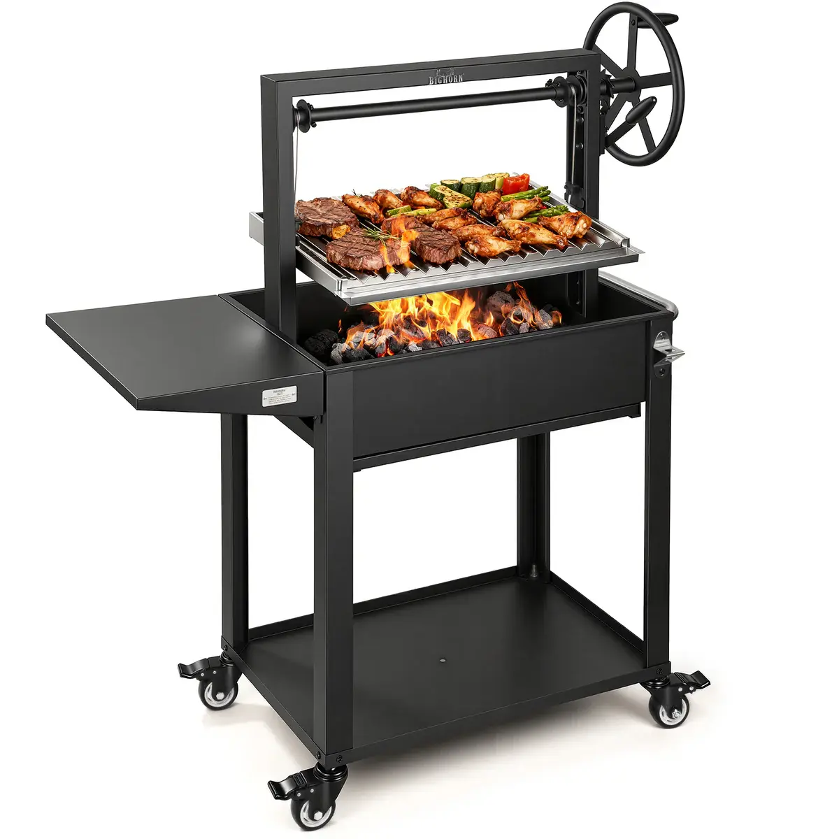Oferta especial de verano: Parrilla BIG HORN OUTDOORS estilo Santa María argentina: una parrilla abierta de altura regulable y control preciso, diseñada para cocinar en el patio trasero y al aire libre.