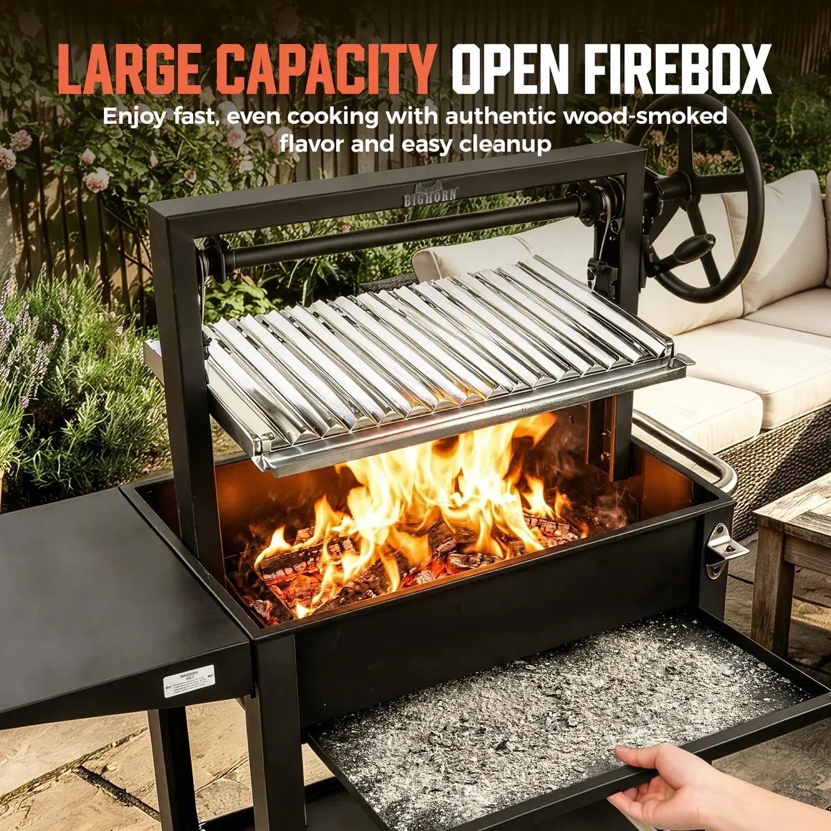 Oferta especial de verano: Parrilla BIG HORN OUTDOORS estilo Santa María argentina: una parrilla abierta de altura regulable y control preciso, diseñada para cocinar en el patio trasero y al aire libre.