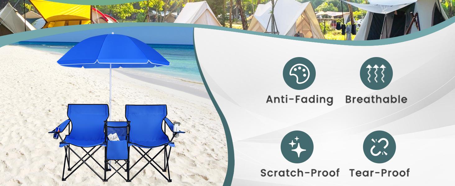 COSTWAY Double Portable Picnic Chairs, Folding Camping Chairs w/Detachable Umbrella, Cooler Bag, Cup Holders, Patio Beach Camping Chairs for Outdoors football baseball season