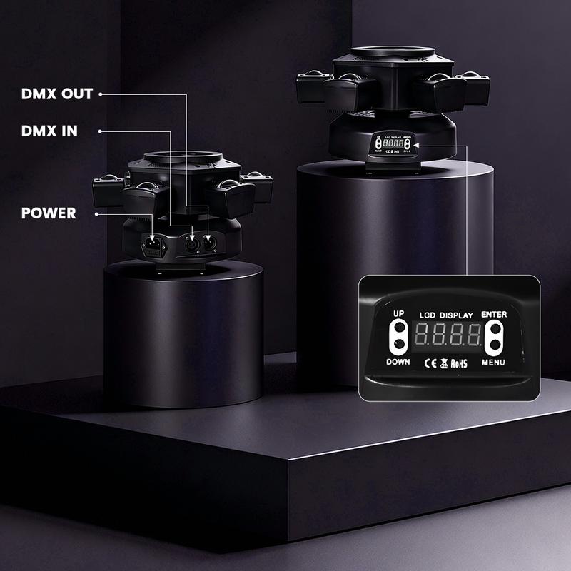 🎙️Cabeza móvil para DJ, ideal para fiestas: foco LED RGBW 6 en 1 de 6 brazos para escenarios. Compatible con DMX-512 y control por voz.