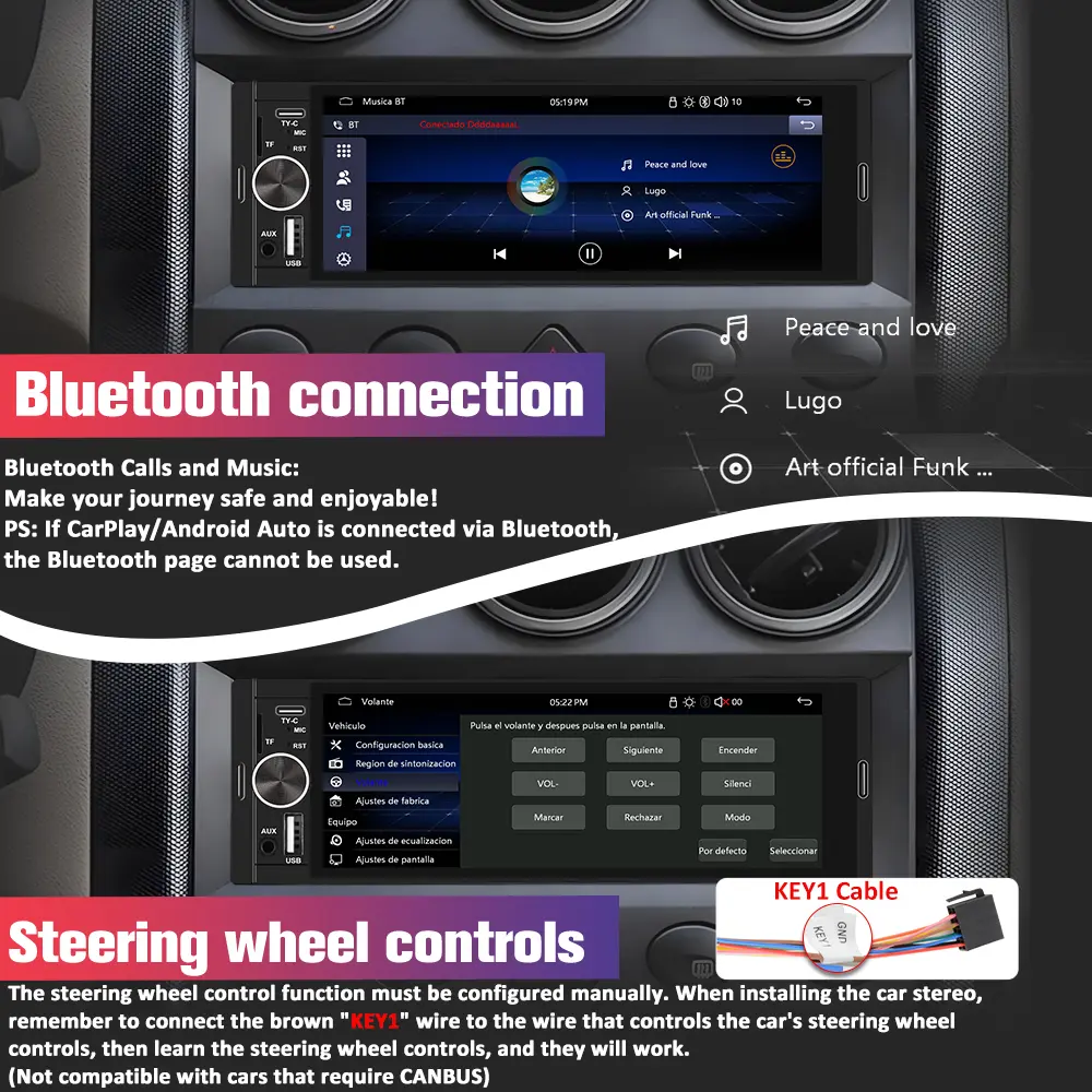 El sistema de audio para automóvil Junsun de un solo DIN es compatible con CarPlay y Android Auto, e incluye cámara de marcha atrás, radio FM e interfaz Tipo-C.
