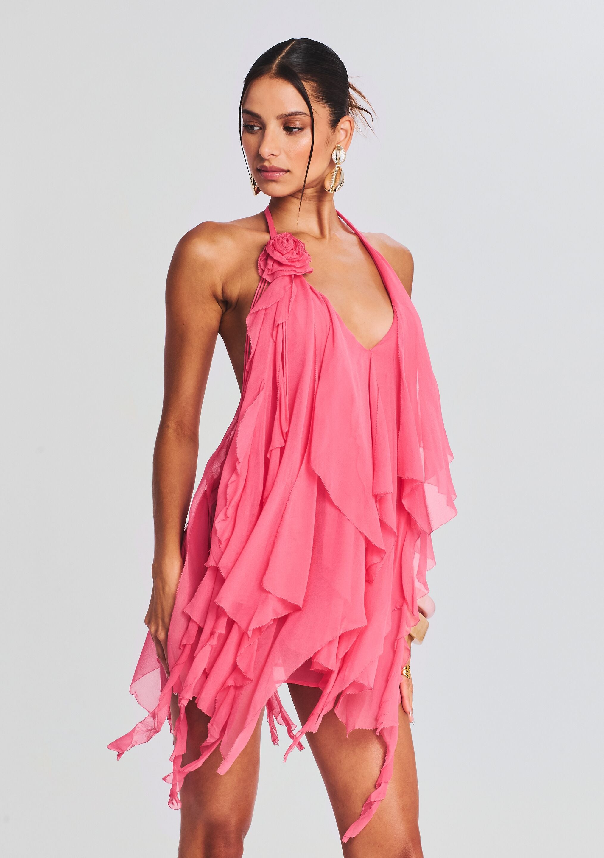 Caspian Silk Chiffon Dress-Cup Shy