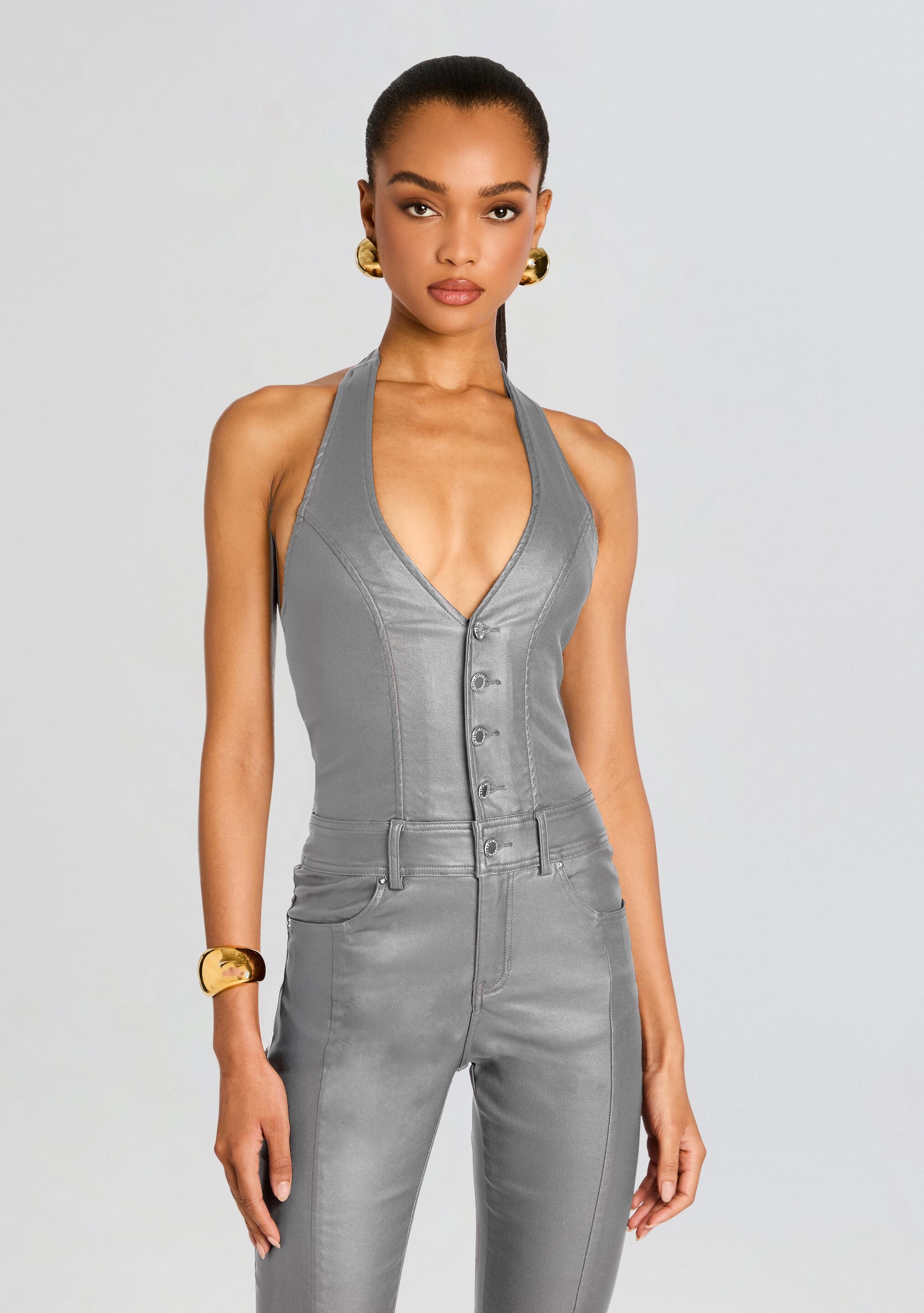 Cynthia Coated Denim Jumpsuit-Cup Shy