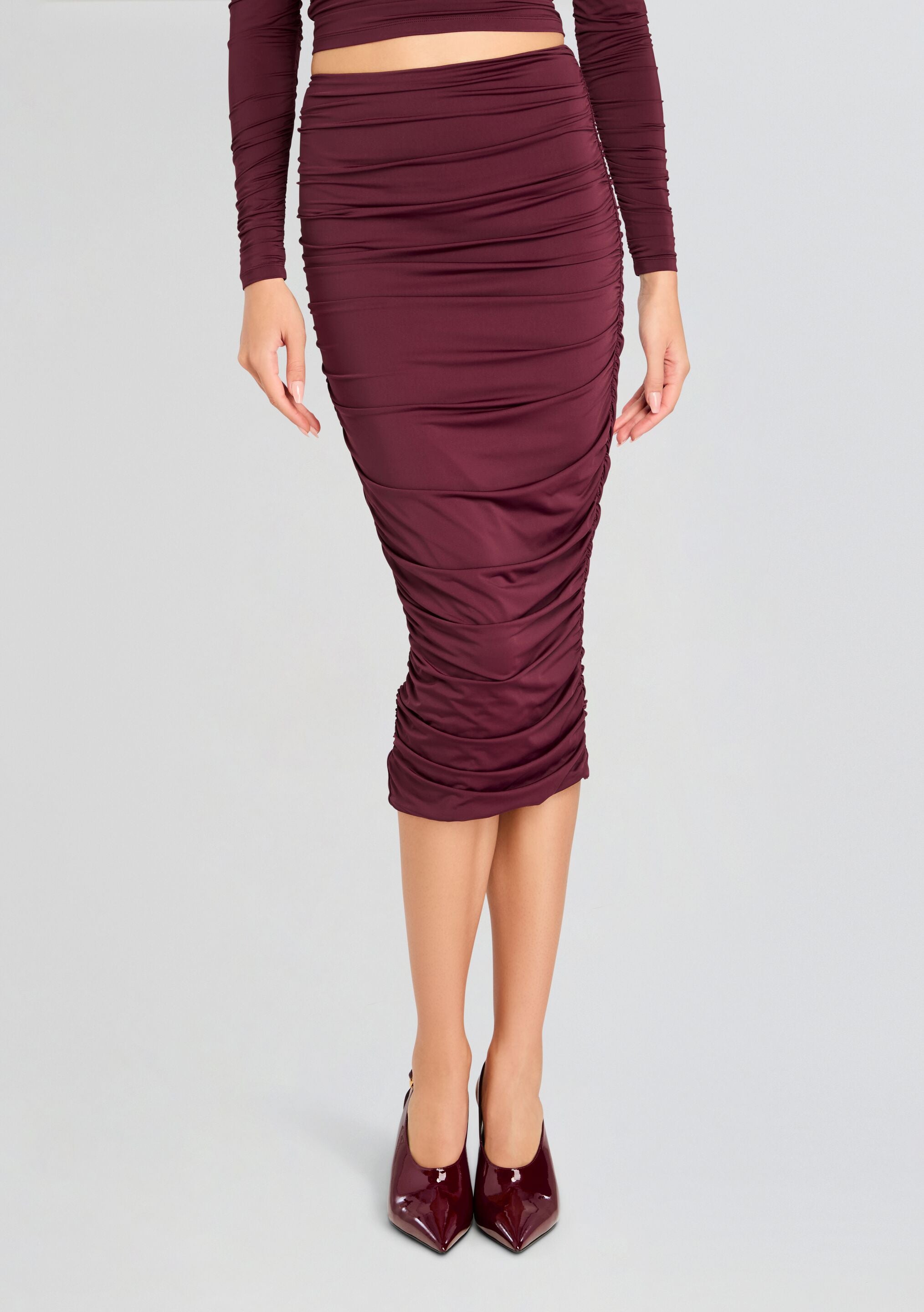 Darcy Mid Rise Ruched Midi Skirt-Cup Shy