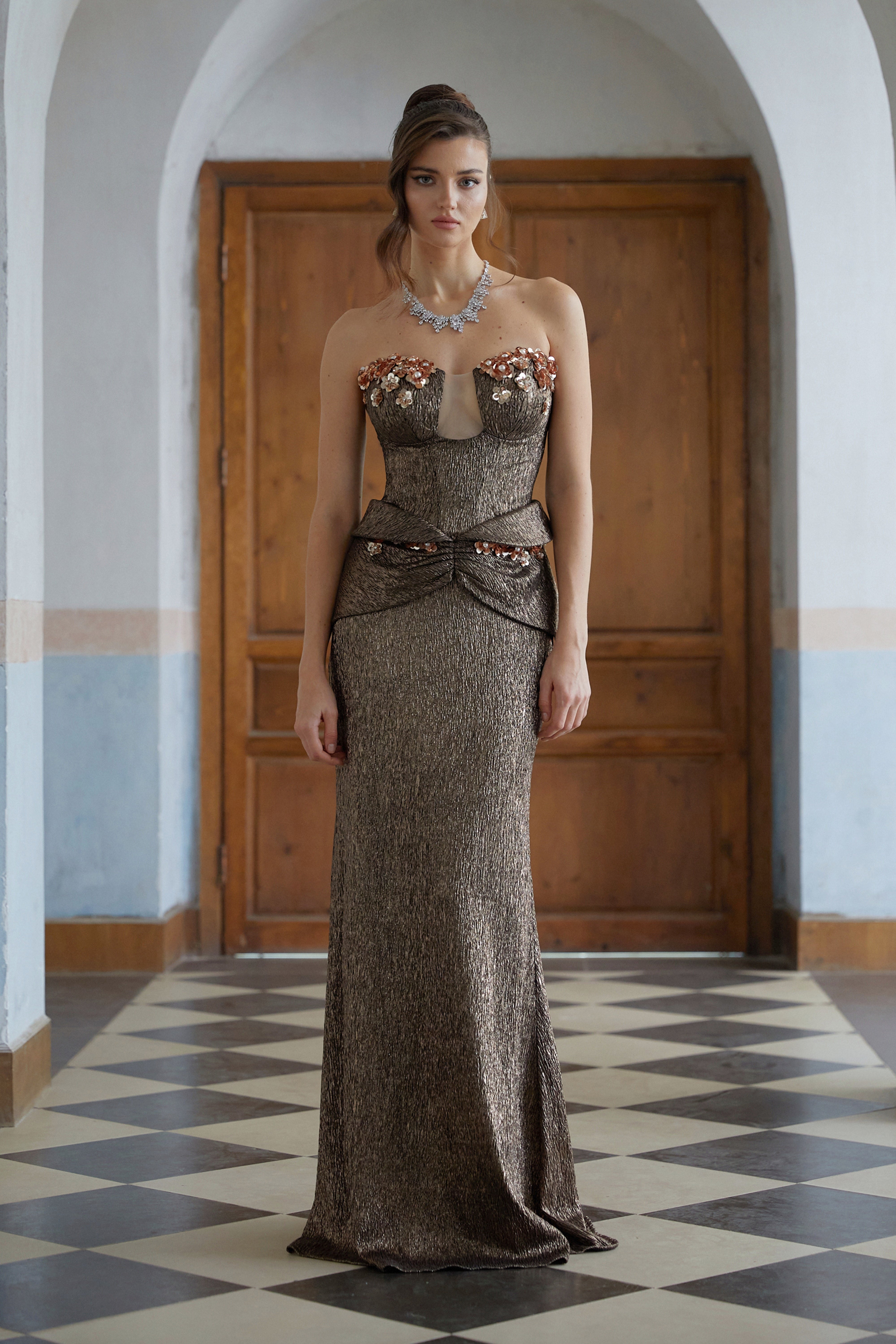 Laïs Brown Floral Ruched Textured Maxi Dress-Lomanty