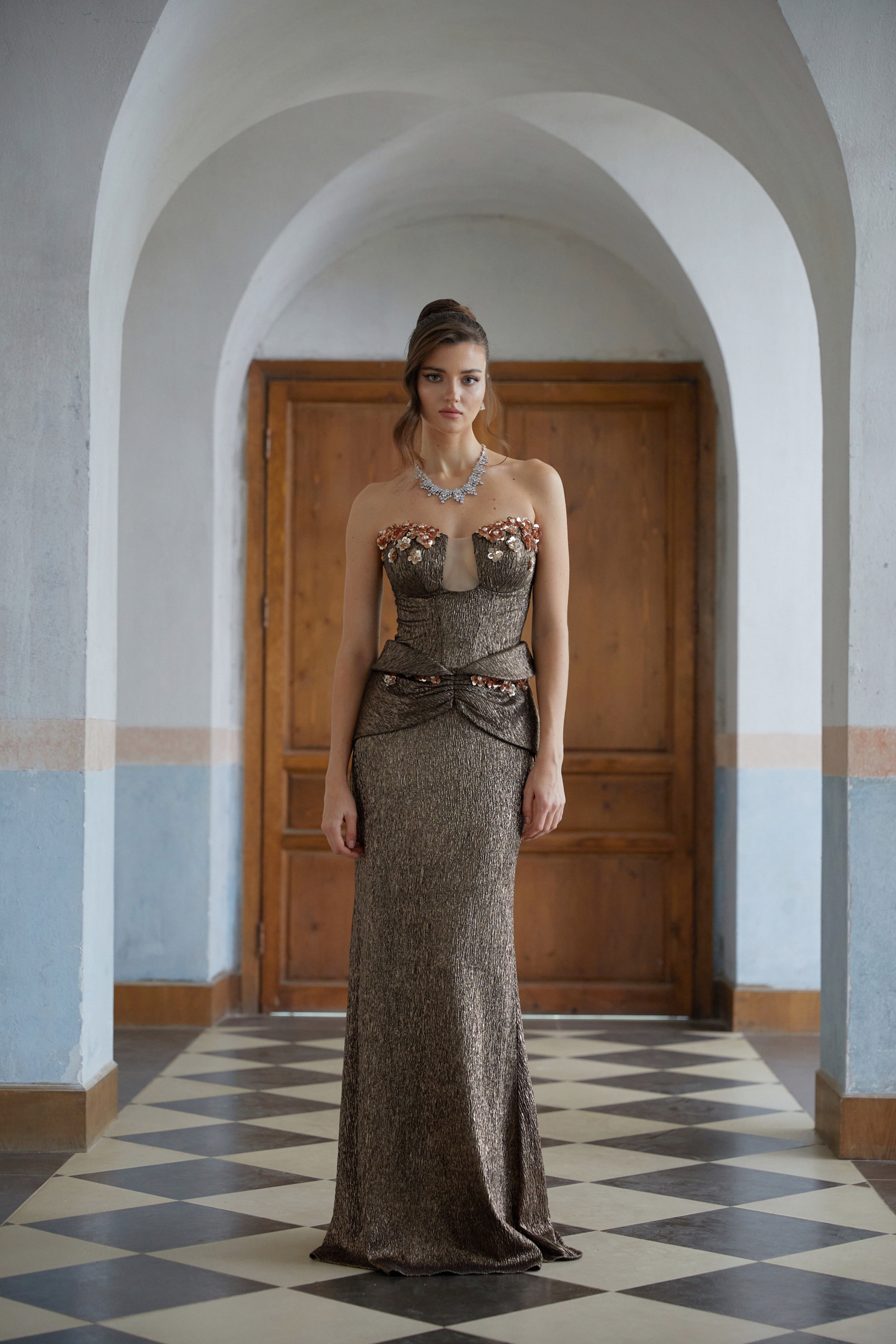 Laïs Brown Floral Ruched Textured Maxi Dress-Lomanty