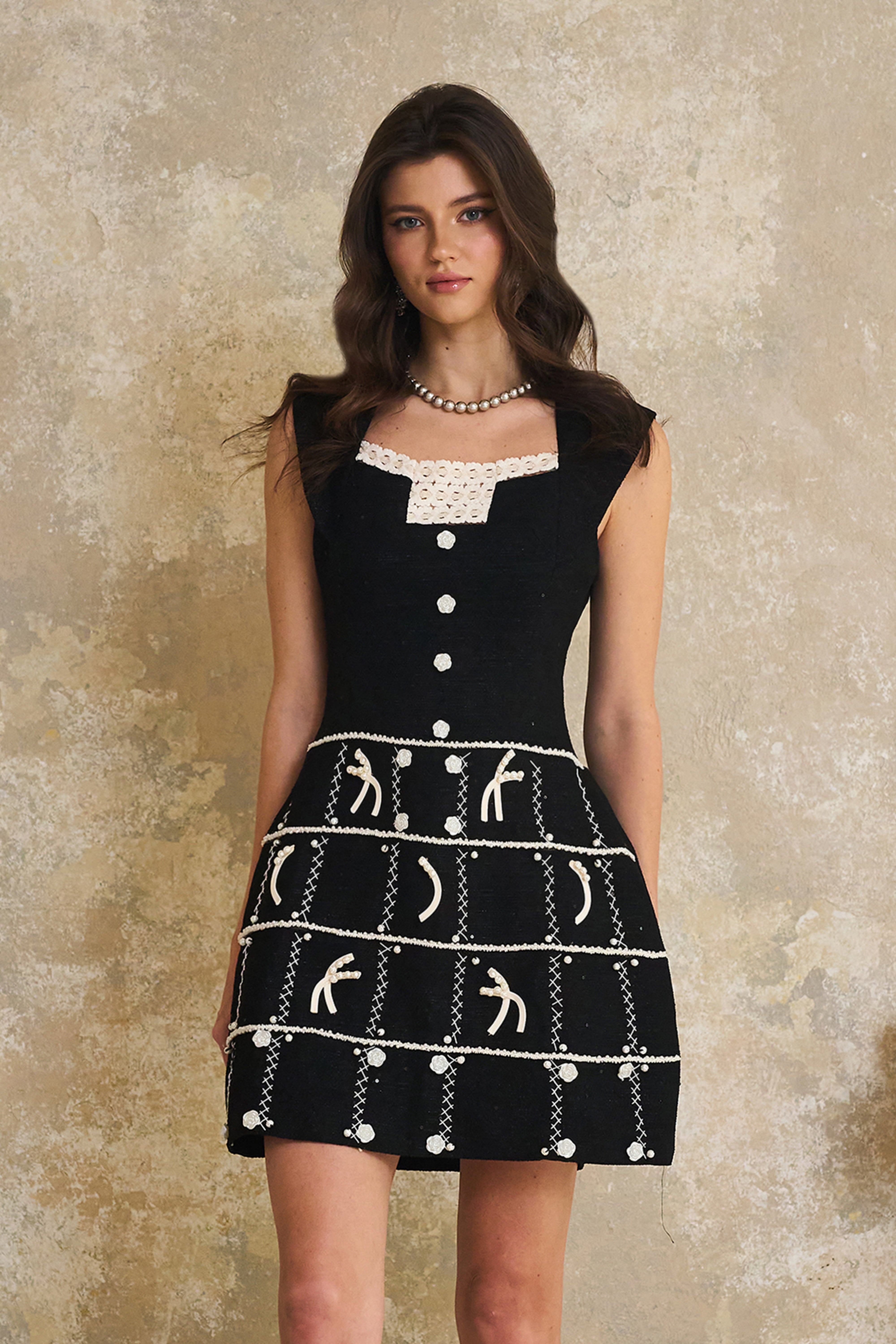 Gelsomina Black Appliqué Detail Tweed Jacket & Dress Set-Lomanty