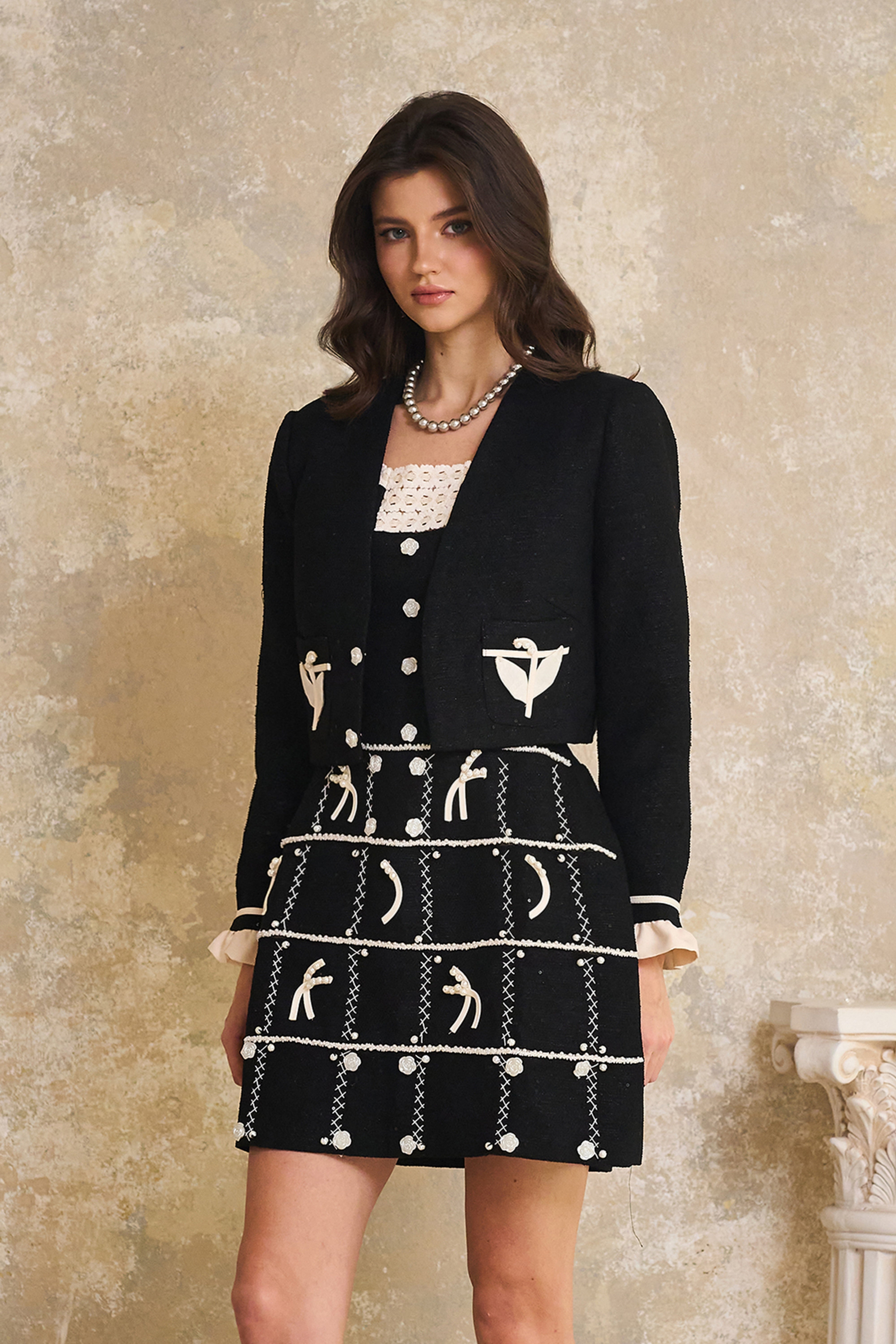 Gelsomina Black Appliqué Detail Tweed Jacket & Dress Set-Lomanty