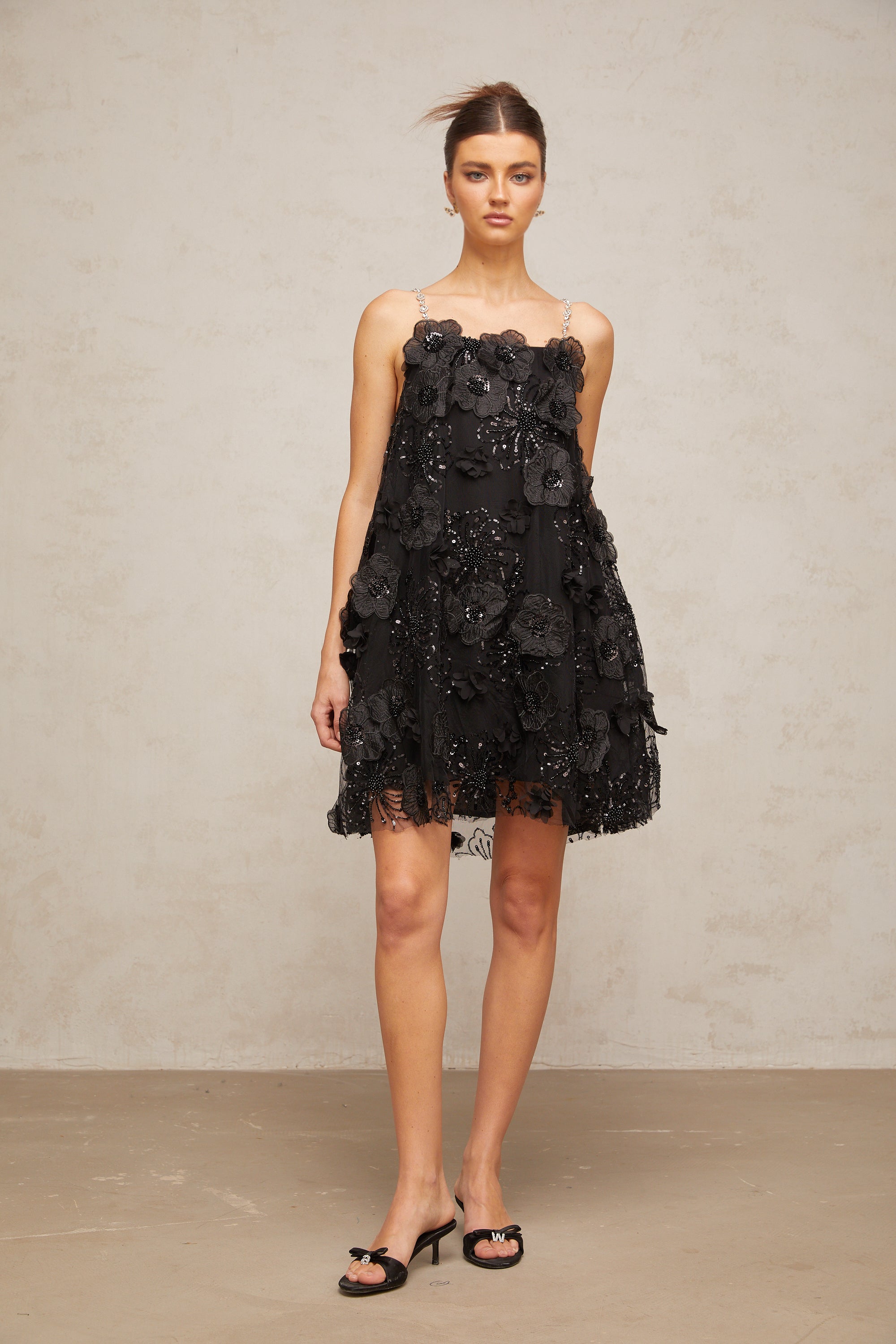 Suzette crystal-embellished floral mini dress in Black-Lomanty