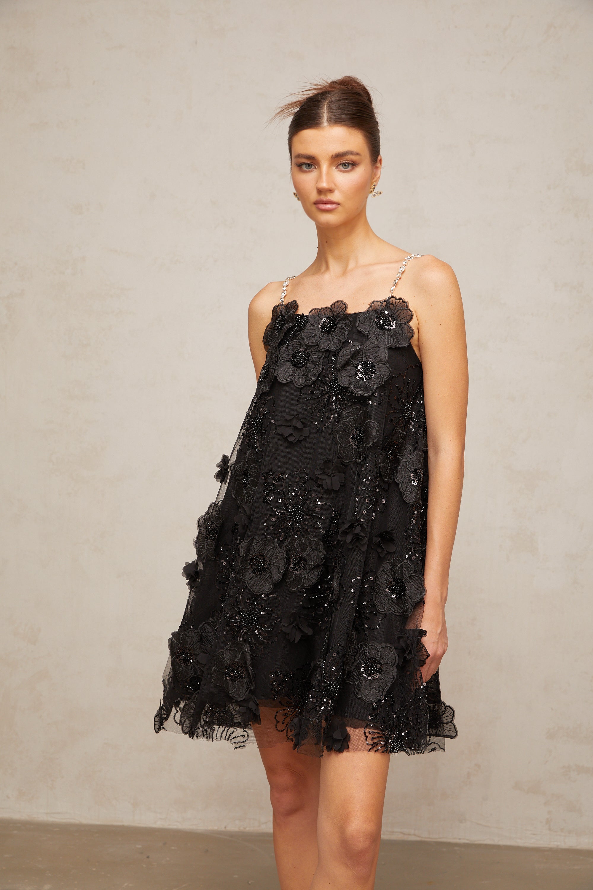 Suzette crystal-embellished floral mini dress in Black-Lomanty