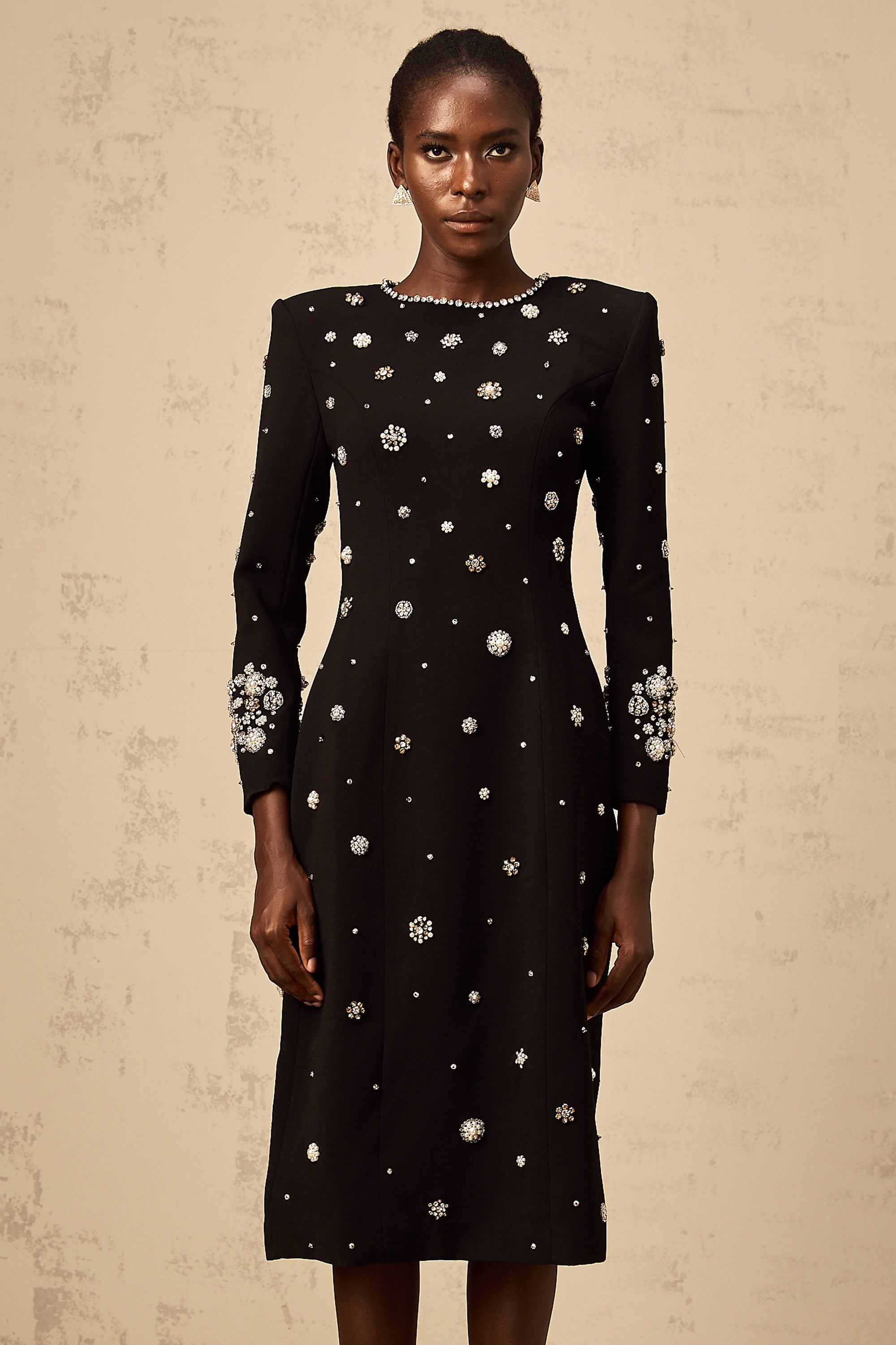 Gaëlle black dart-detail embellished midi dress-Lomanty