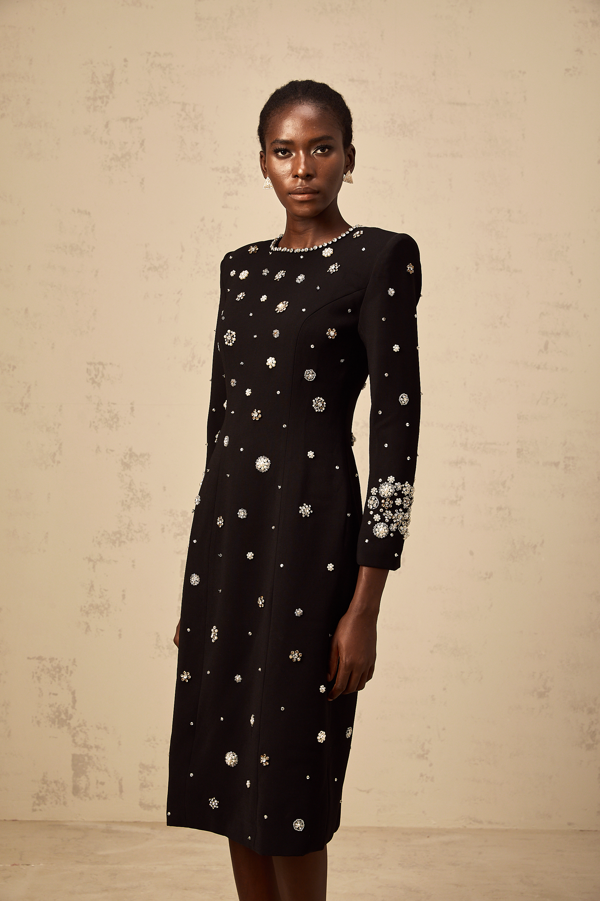 Gaëlle black dart-detail embellished midi dress-Lomanty