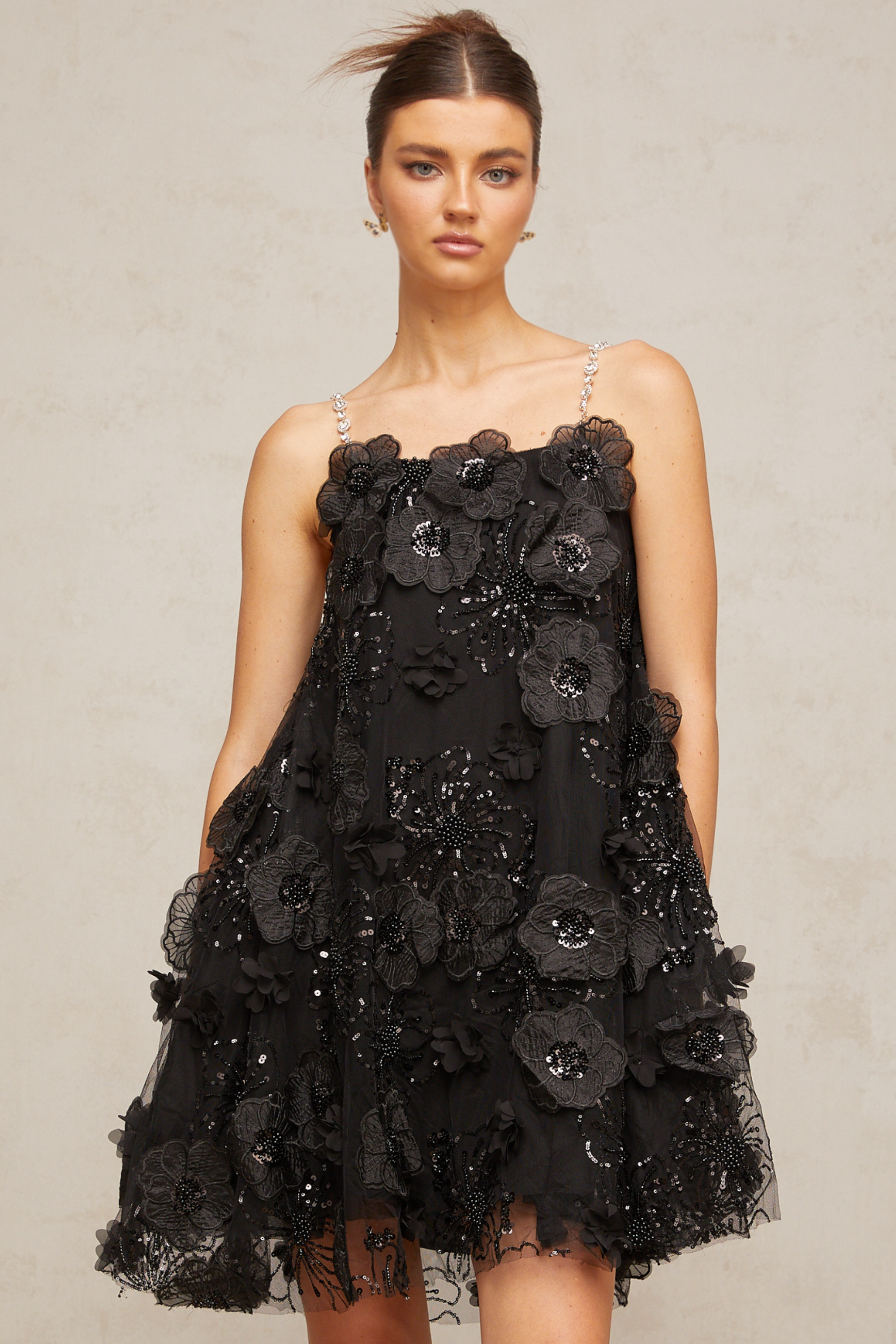 Suzette crystal-embellished floral mini dress in Black-Lomanty
