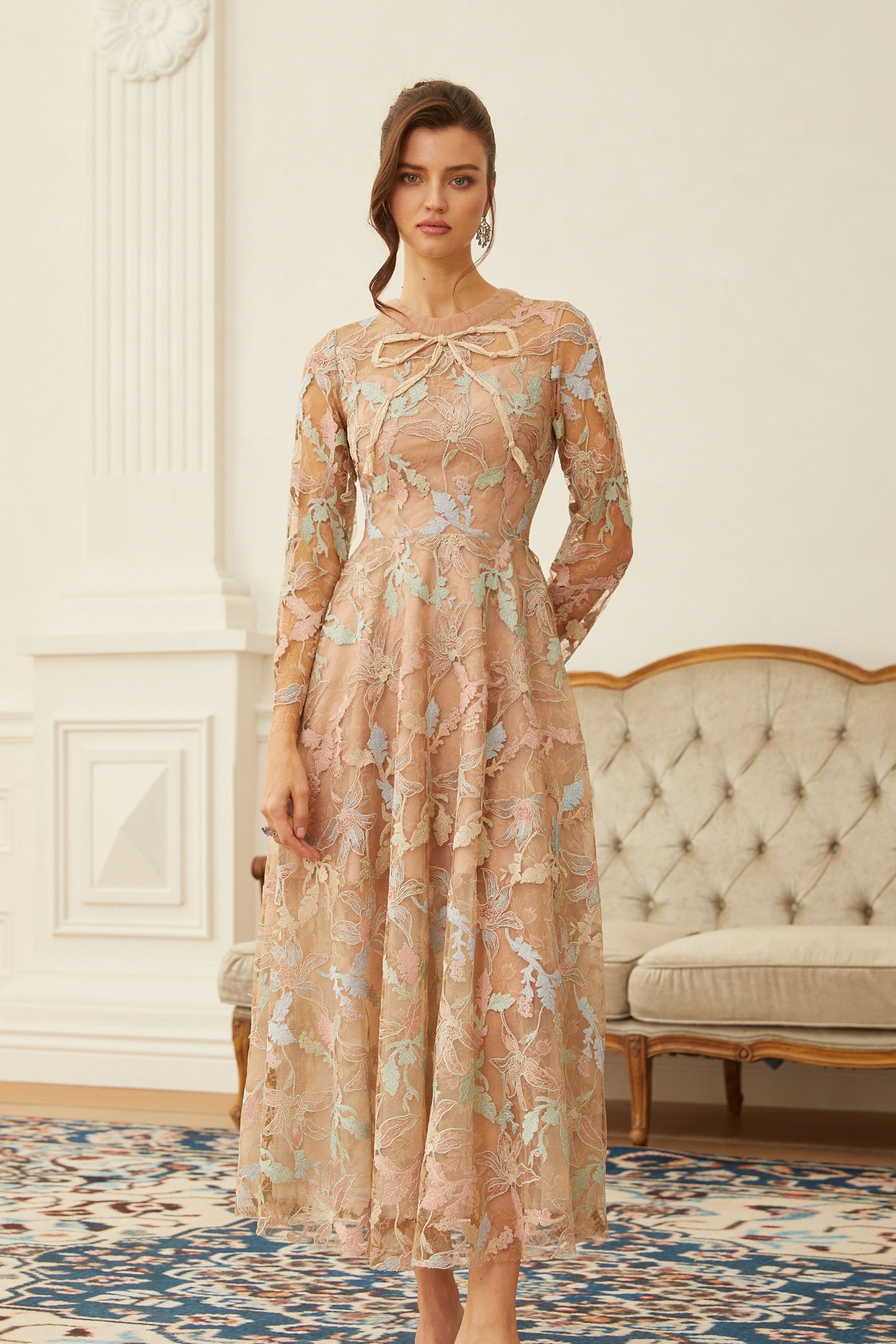 Ragnfrid Neutral Floral Jacquard Lace Midi Dress-Lomanty