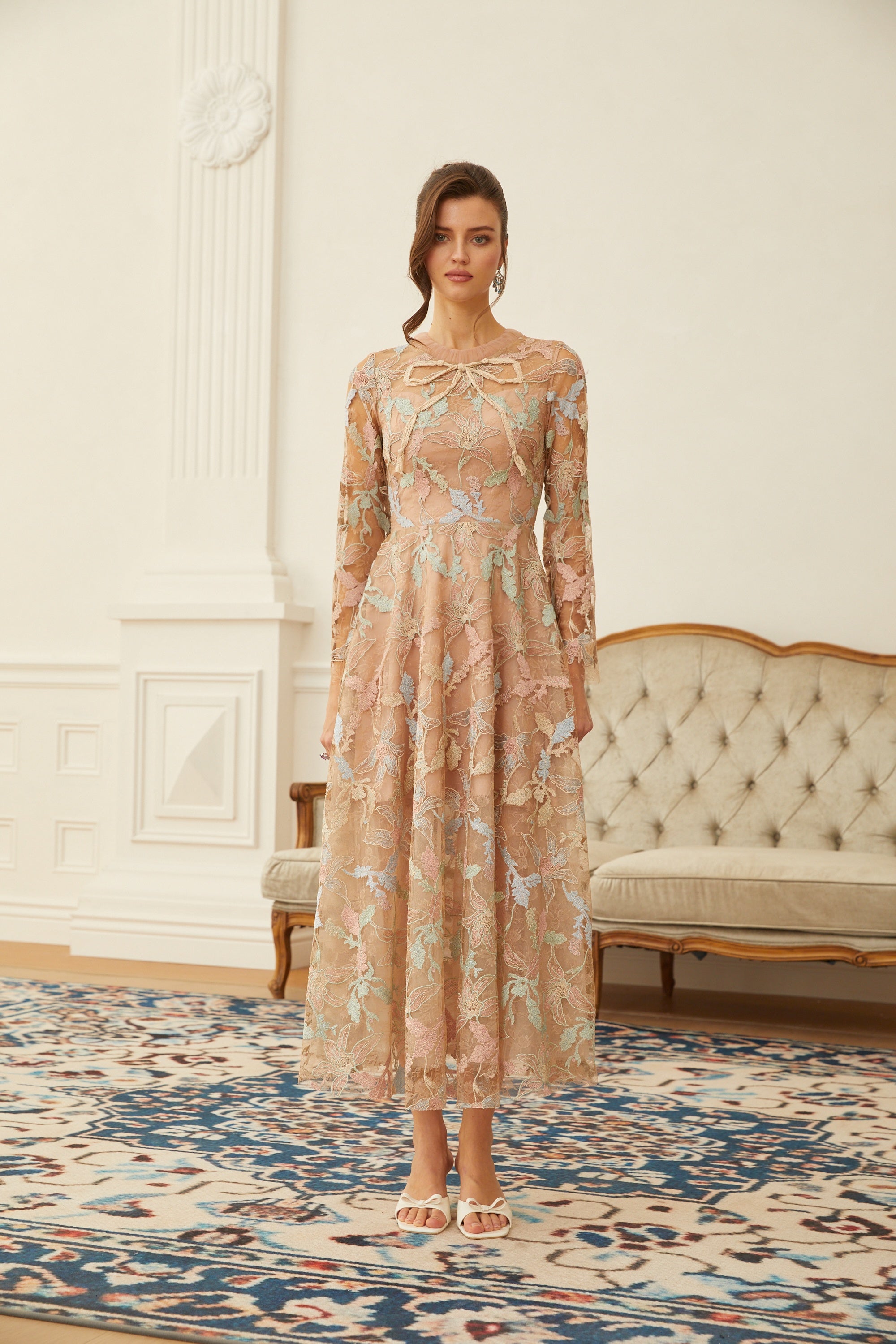 Ragnfrid Neutral Floral Jacquard Lace Midi Dress-Lomanty