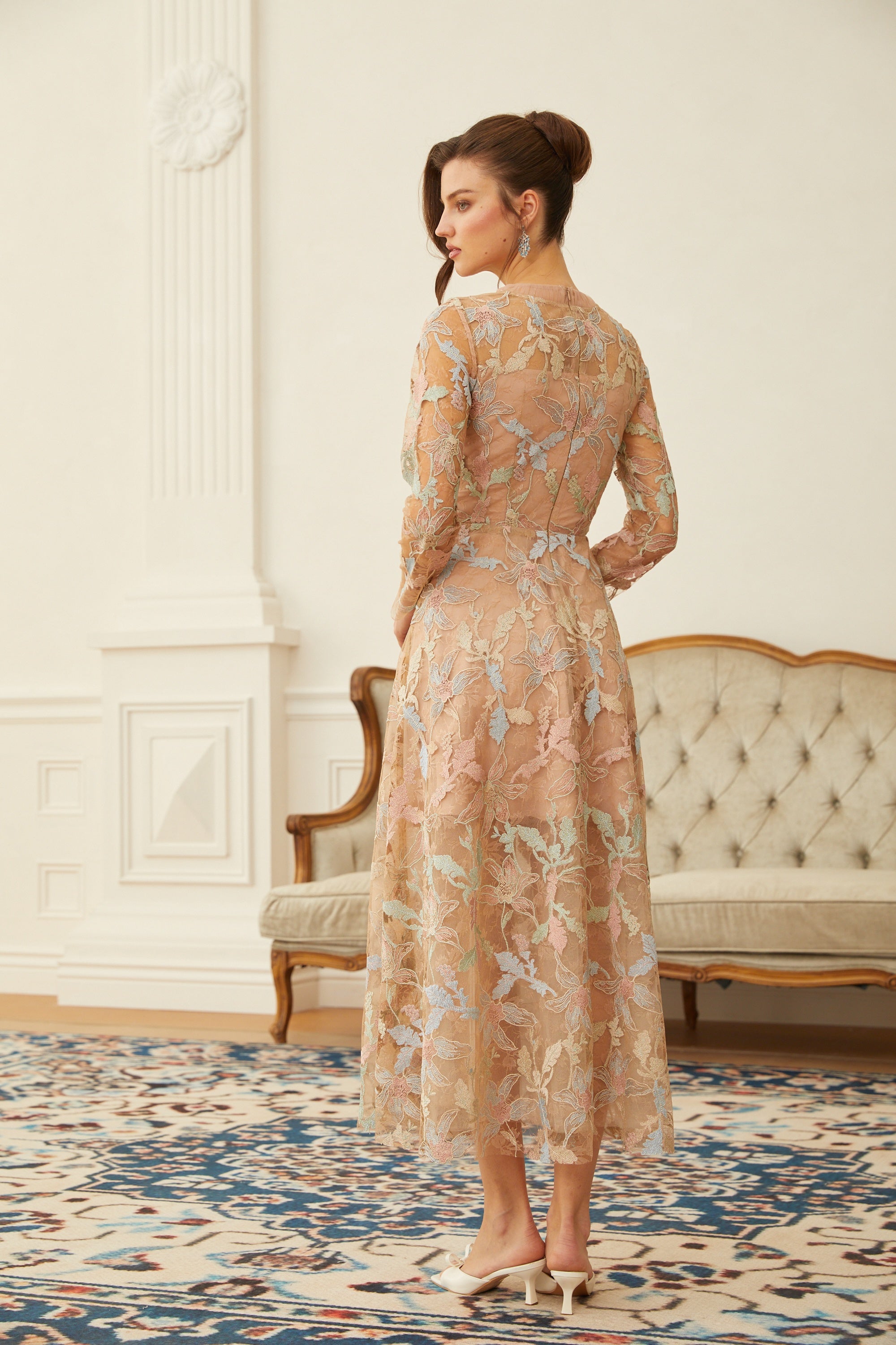 Ragnfrid Neutral Floral Jacquard Lace Midi Dress-Lomanty