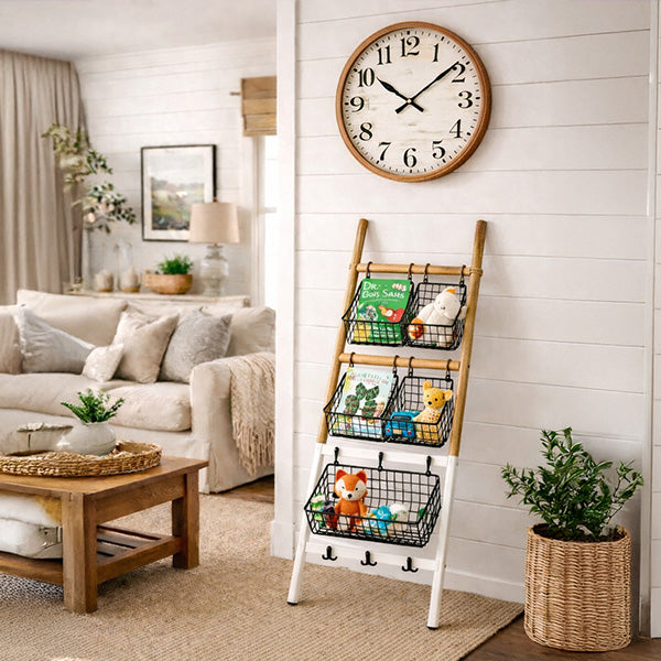 Wood & Metal Ladder Storage Organizer with 5 Wire Baskets and 3 Hooks-Miyaedas