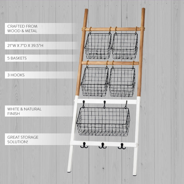 Wood & Metal Ladder Storage Organizer with 5 Wire Baskets and 3 Hooks-Miyaedas