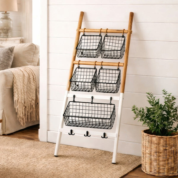 Wood & Metal Ladder Storage Organizer with 5 Wire Baskets and 3 Hooks-Miyaedas