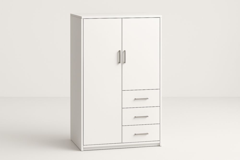 Armoire en panneau de particules blanc avec deux portes et trois tiroirs