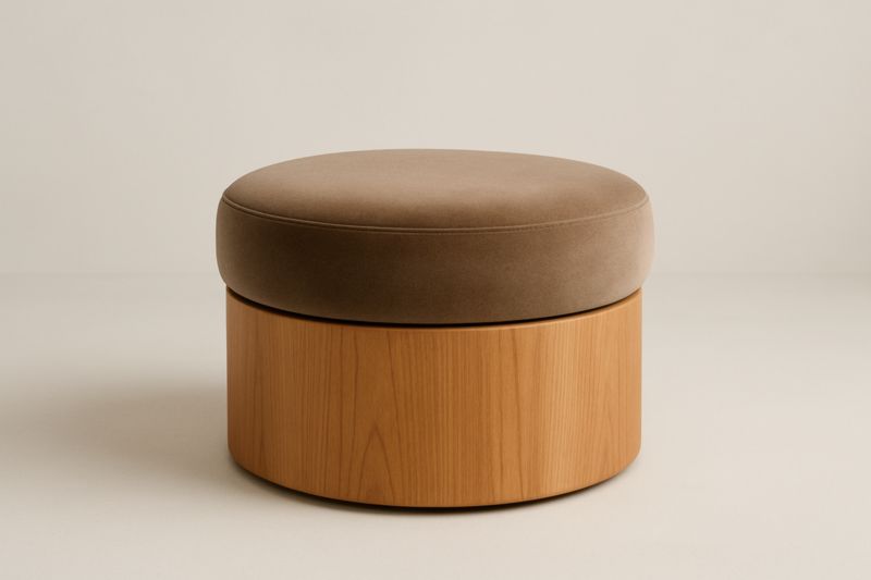 Pouf rond en bois et tissu marron diamètre 45 cm hauteur 35 cm