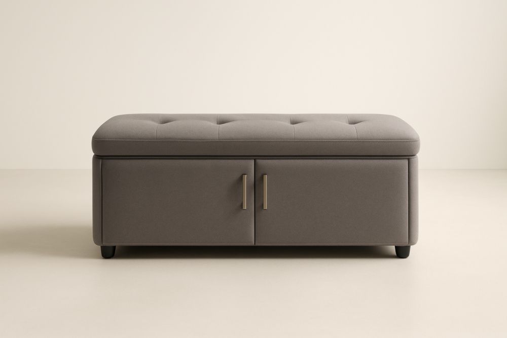 Coffre de rangement en tissu gris avec assise matelassée