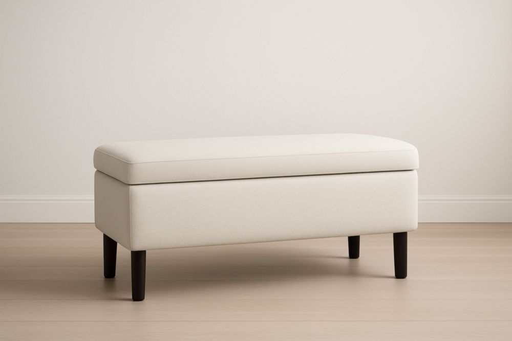 Banc de rangement en tissu polyester ivoire avec pieds en bois