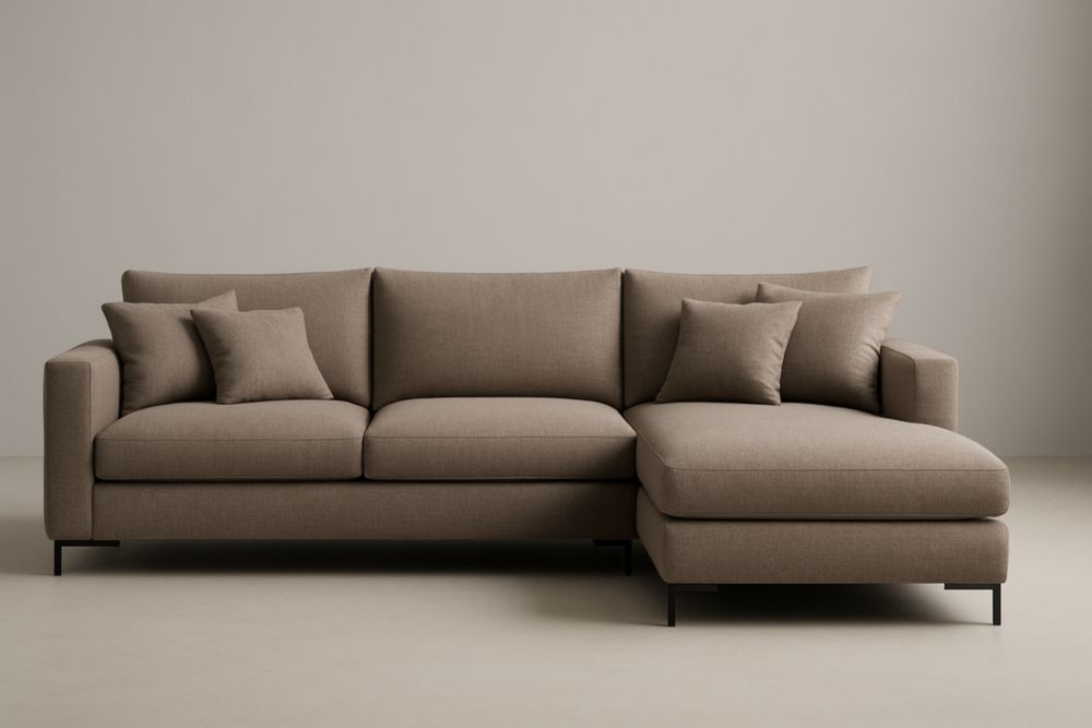 Canapé d'angle en tissu polyester marron avec coussins