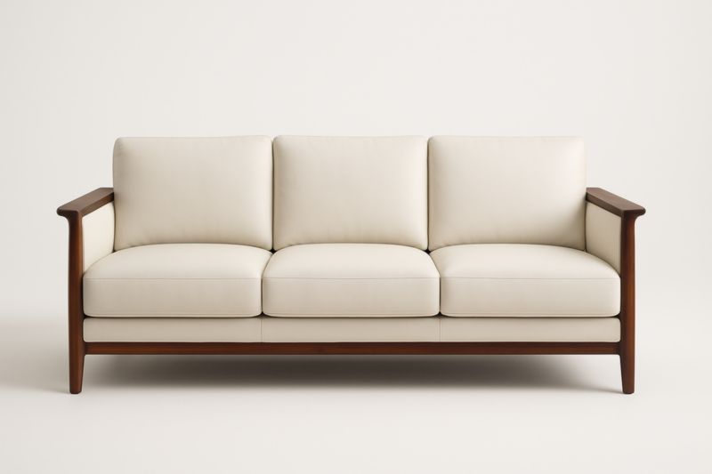 Canapé 3 places cuir beige et bois massif