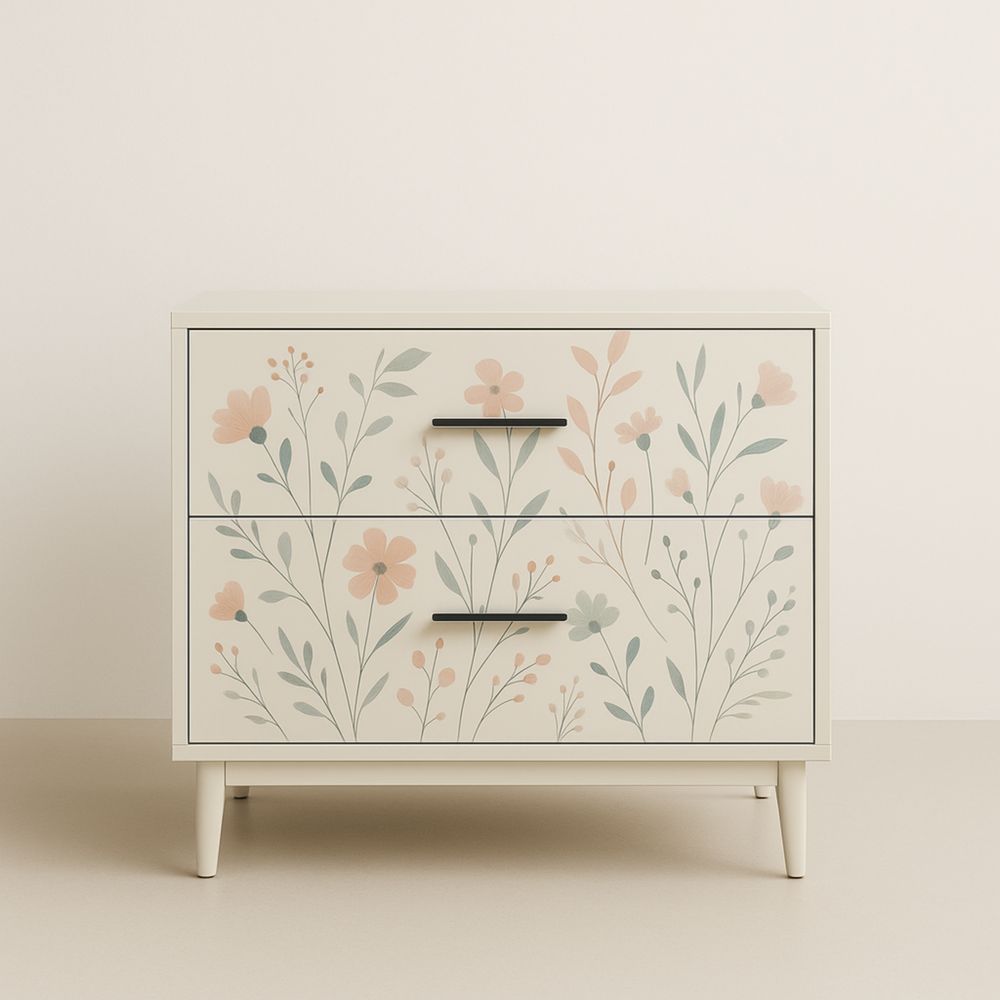 Commode à deux tiroirs en bois avec imprimé floral
