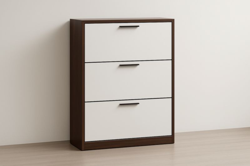 Commode Trois Tiroirs MDF Blanc et Noyer