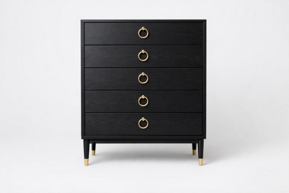 Commode en Chêne Noir avec Anneaux en acier Doré