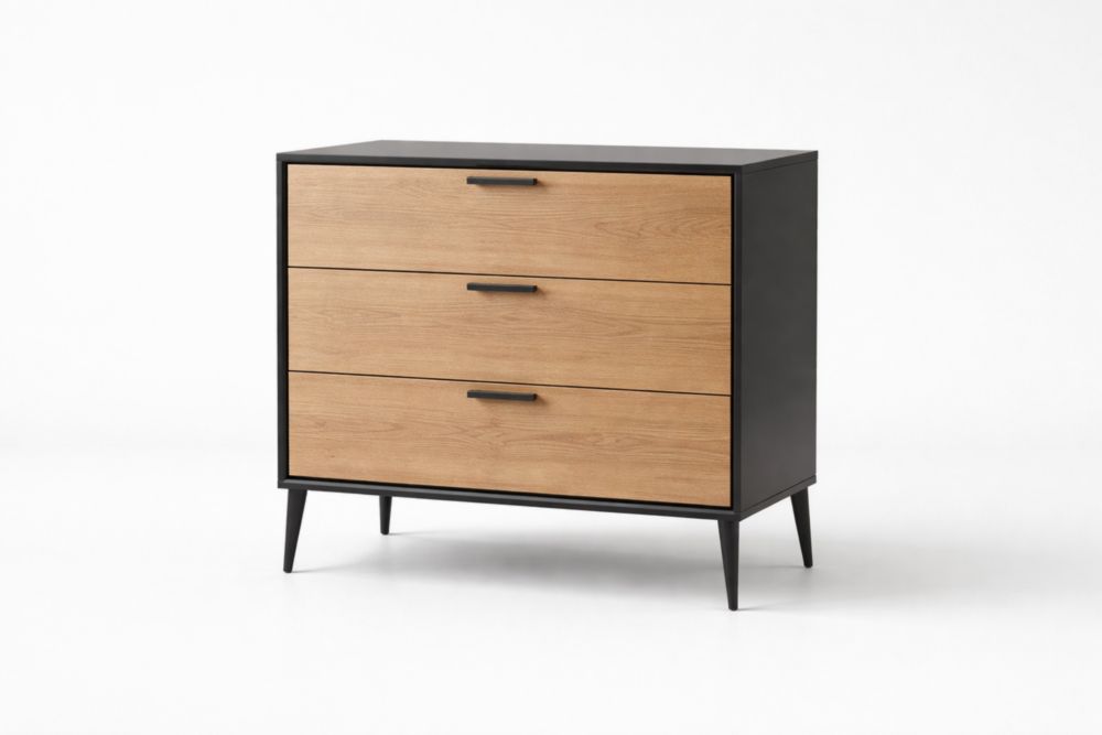 Commode 3 tiroirs en bois d'ingénierie et acier