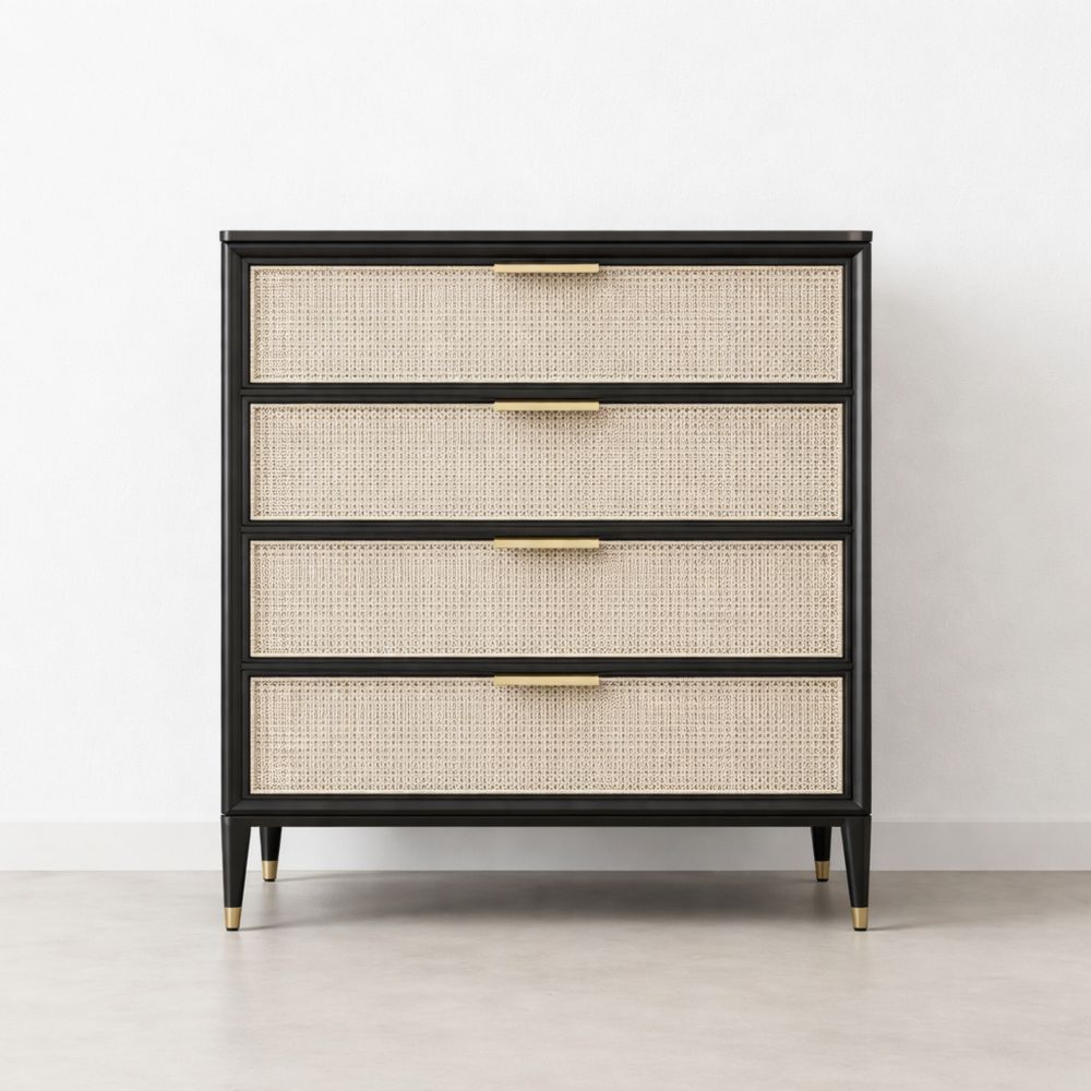 Commode en Bois avec Tiroirs en Rotin 4 Tiroirs Noir et Beige