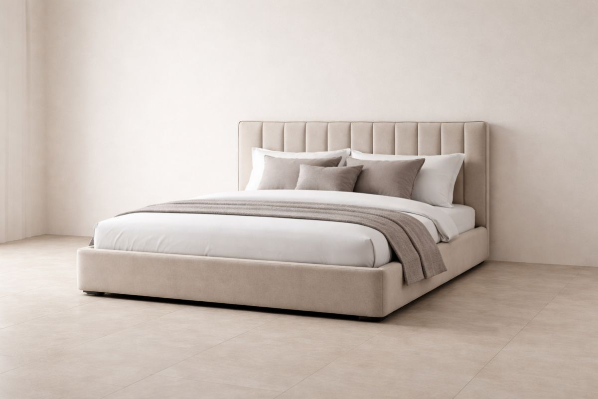 Lit double en polyester beige avec tête de lit 200x160x110 cm