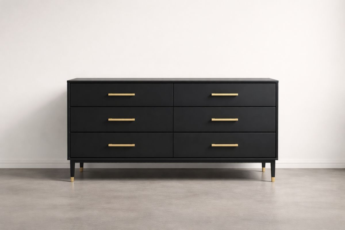 Commode noire 6 tiroirs poignées en aluminium doré