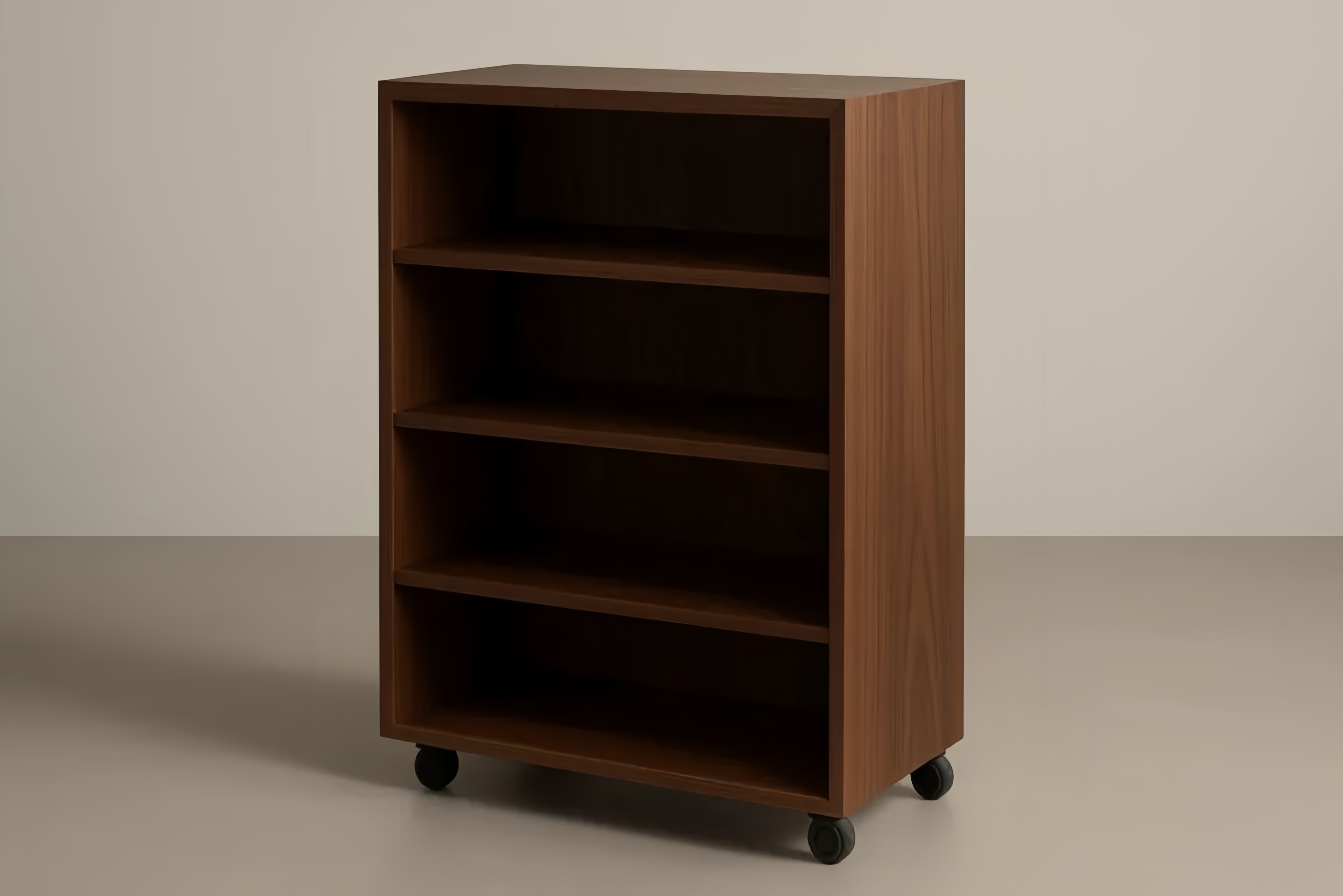 Étagère mobile en contreplaqué de noyer avec roulettes, 4 niveaux