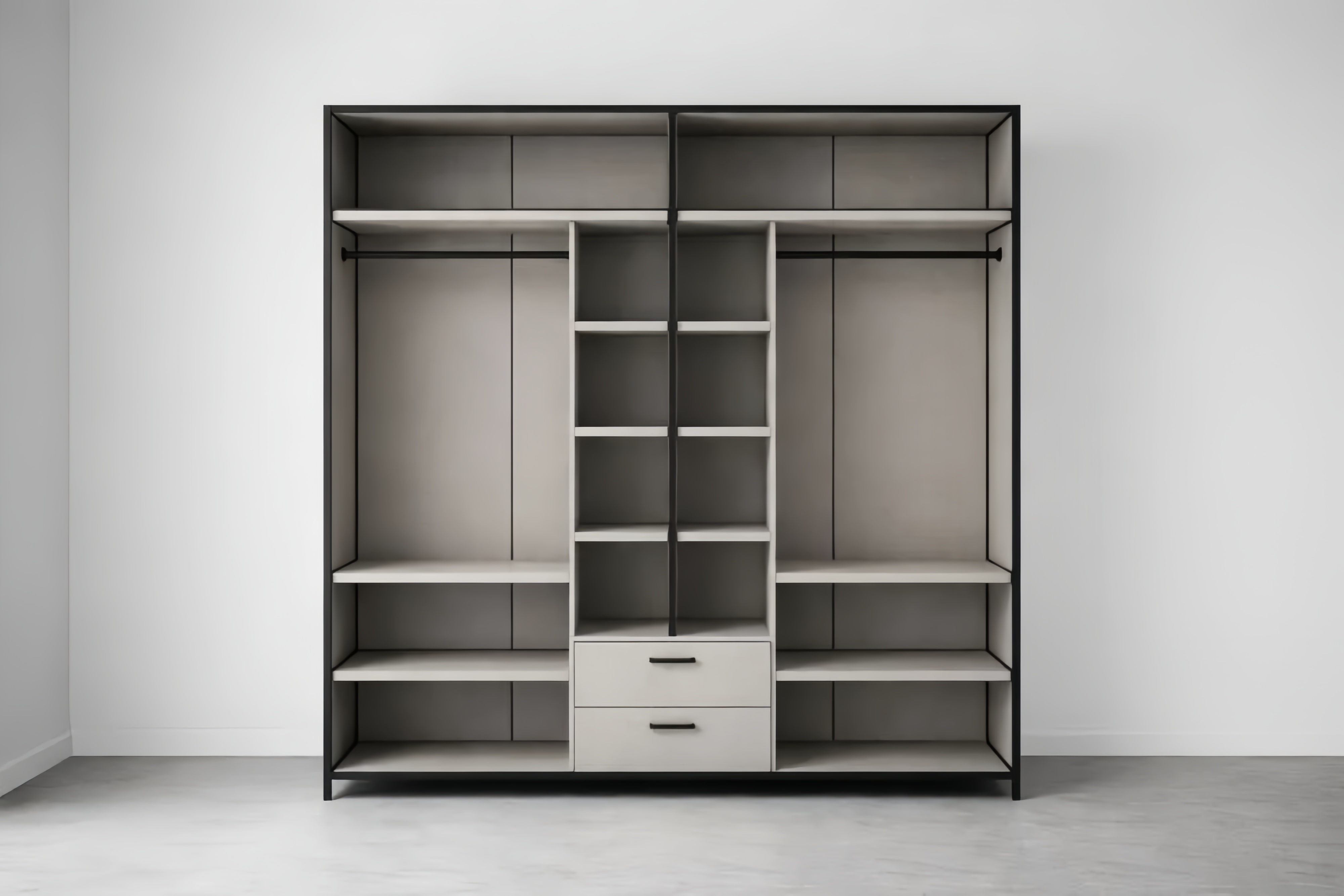 Armoire ouverte en panneaux de particules avec étagères et tiroirs 200 cm x 180 cm x 60 cm