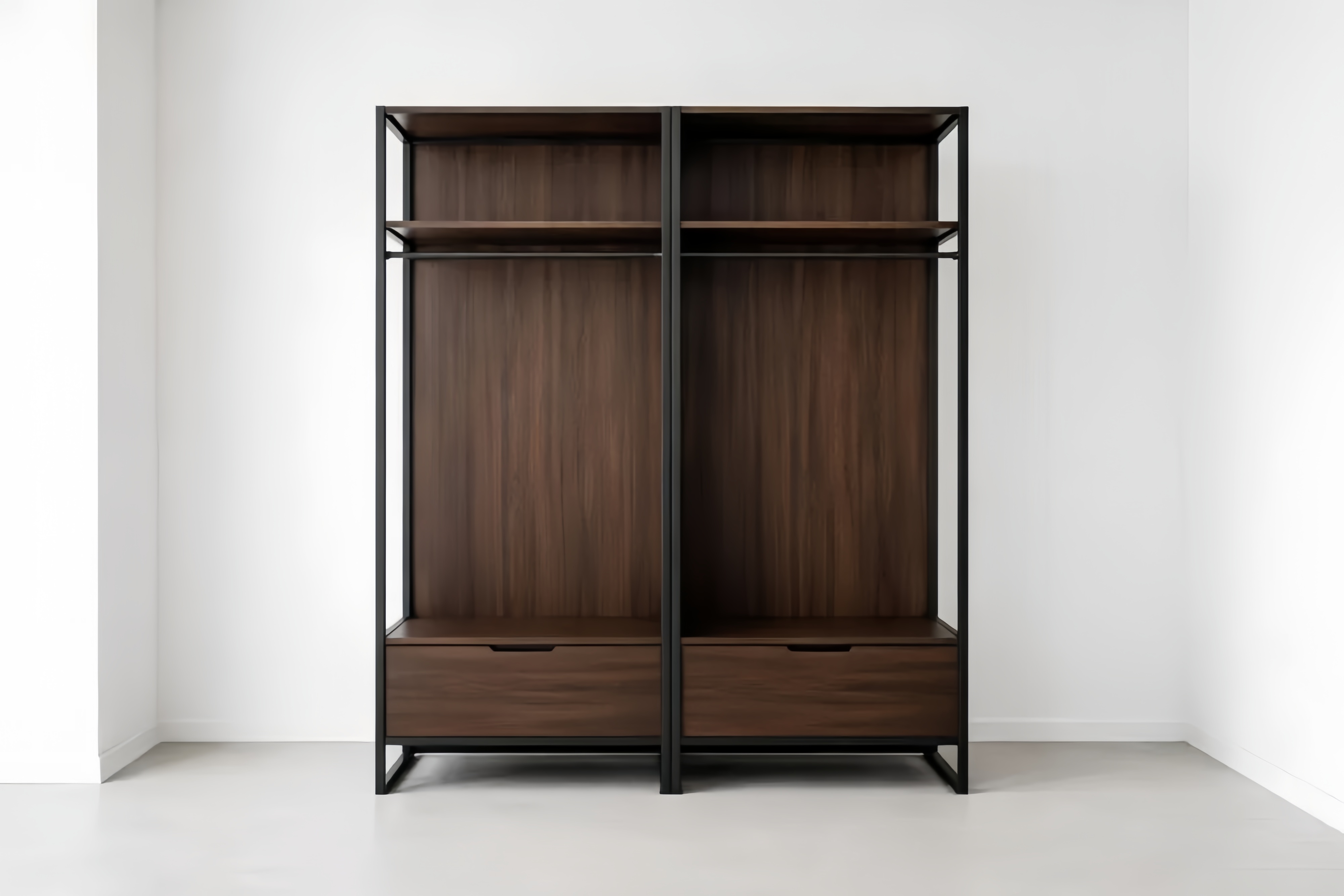 Armoire ouverte double structure en métal et bois