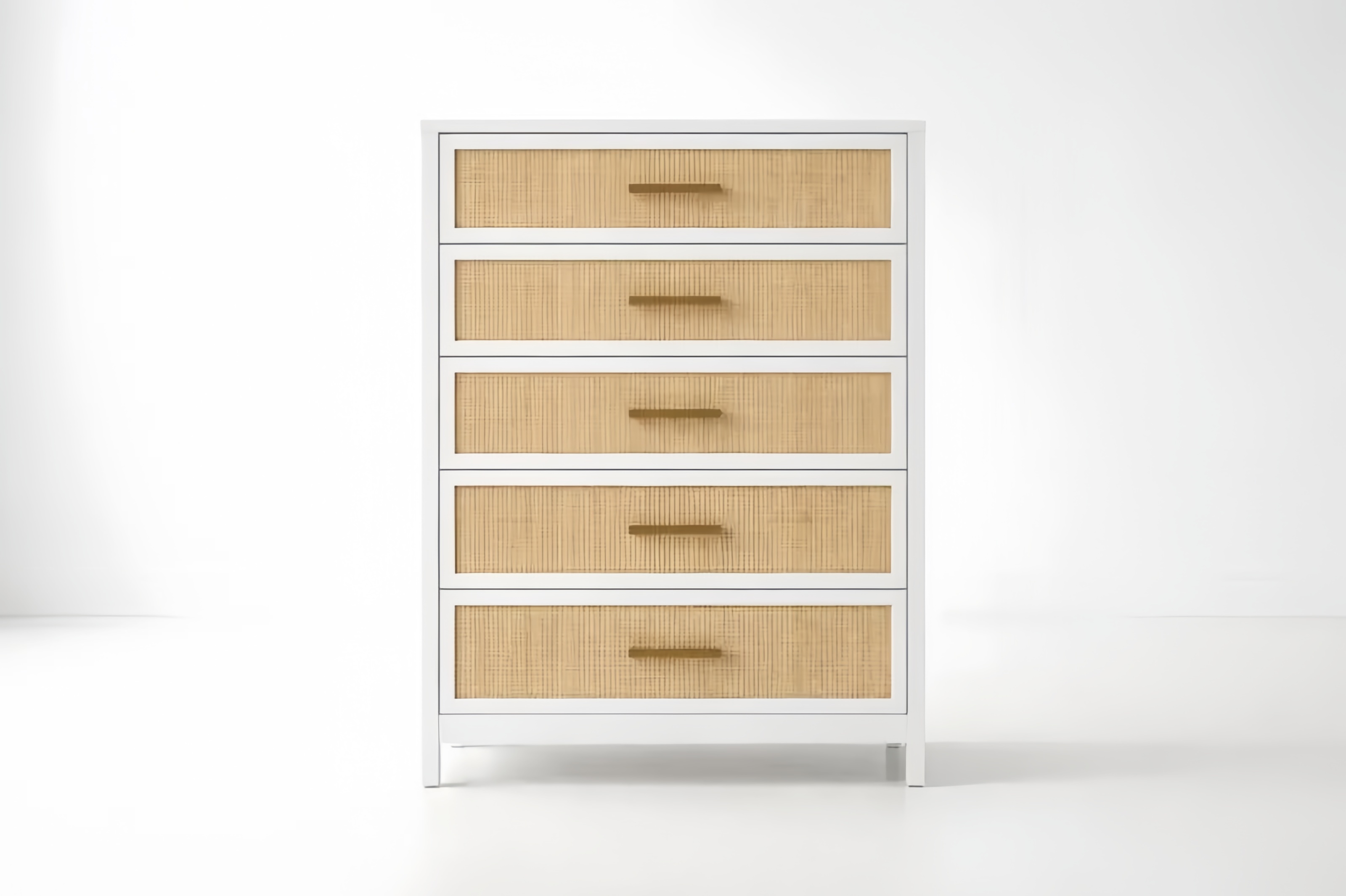 Commode en Bois Massif Blanc et Rotin à 5 Tiroirs