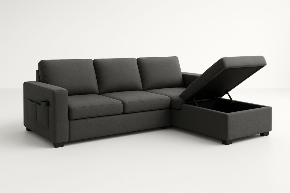 Canapé d'angle en tissu gris avec rangement