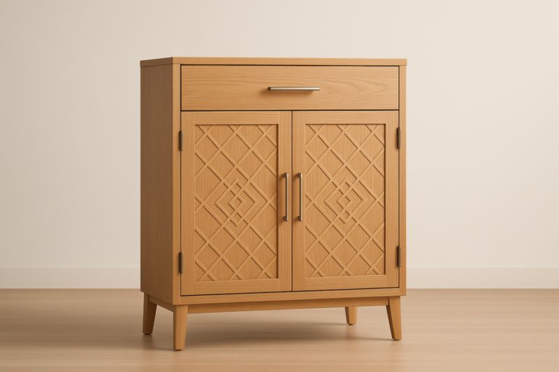 Buffet en bois avec deux portes et un tiroir motifs géométriques