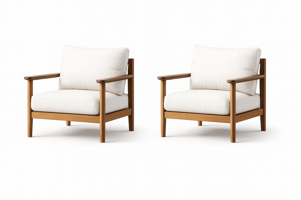 Ensemble de 2 fauteuils en bois avec coussins en polyester blanc 75 cm x 85 cm x 80 cm