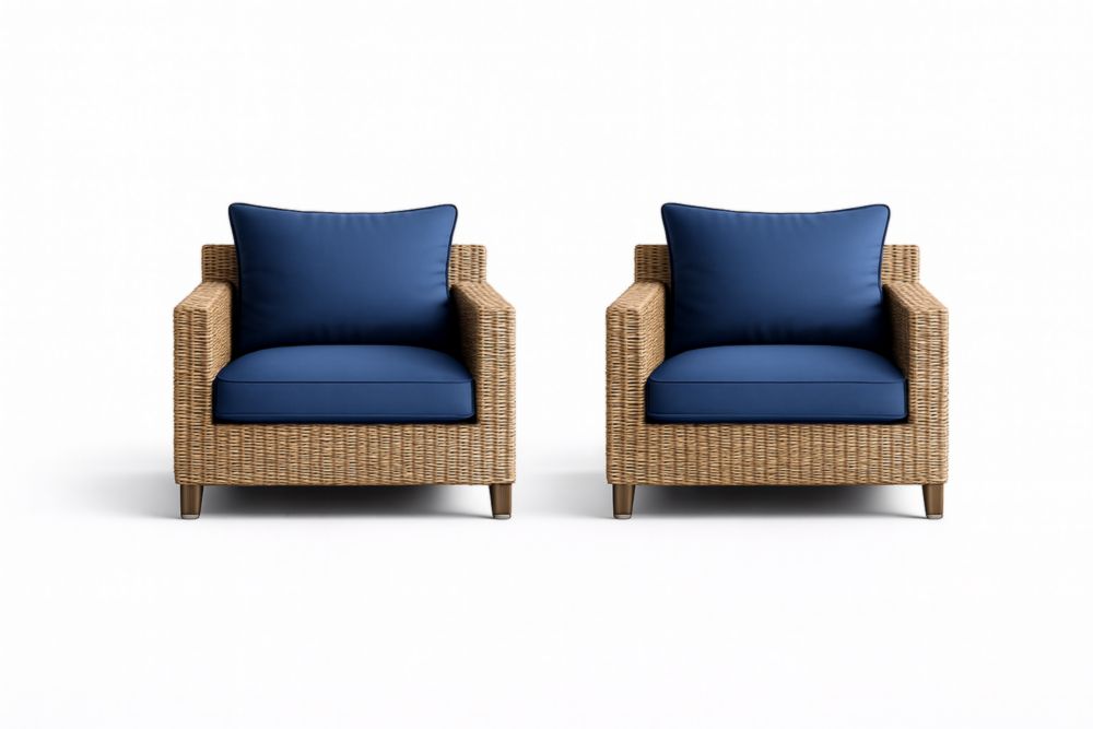 Ensemble de deux fauteuils en rotin avec coussins en polyester bleu