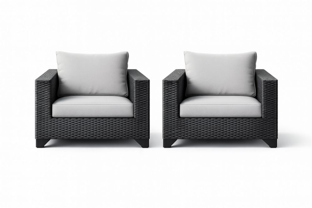 Fauteuils en Rotin Synthétique Noir, Coussins Gris, Lot de 2