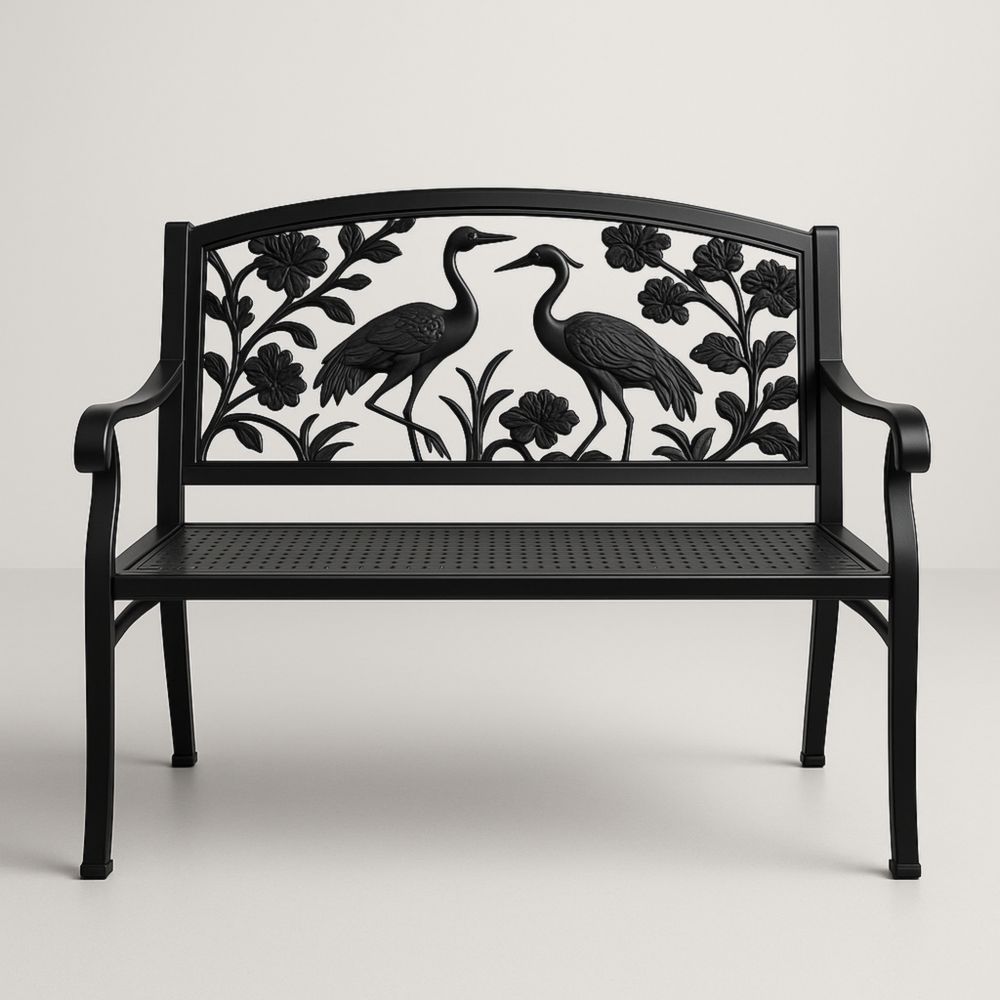 Banc de jardin en métal noir avec motif de grues