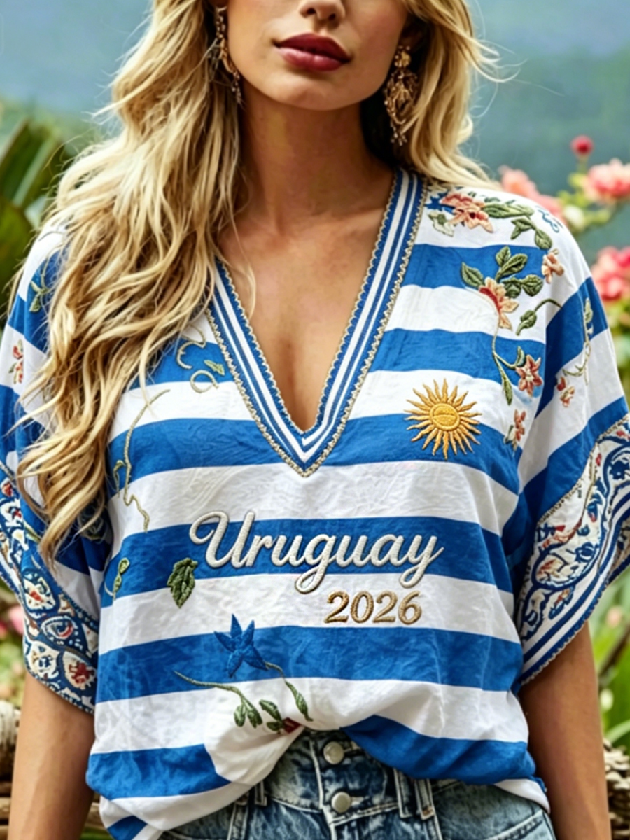Women's Uruguay  Embroidered Cotton Linen Shirt